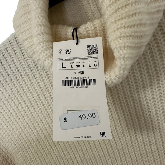 Zara Womens Cowl Neck Ribbed Knit Sweater Sz Large Cream Oversized Pullover - Picture 6 of 7